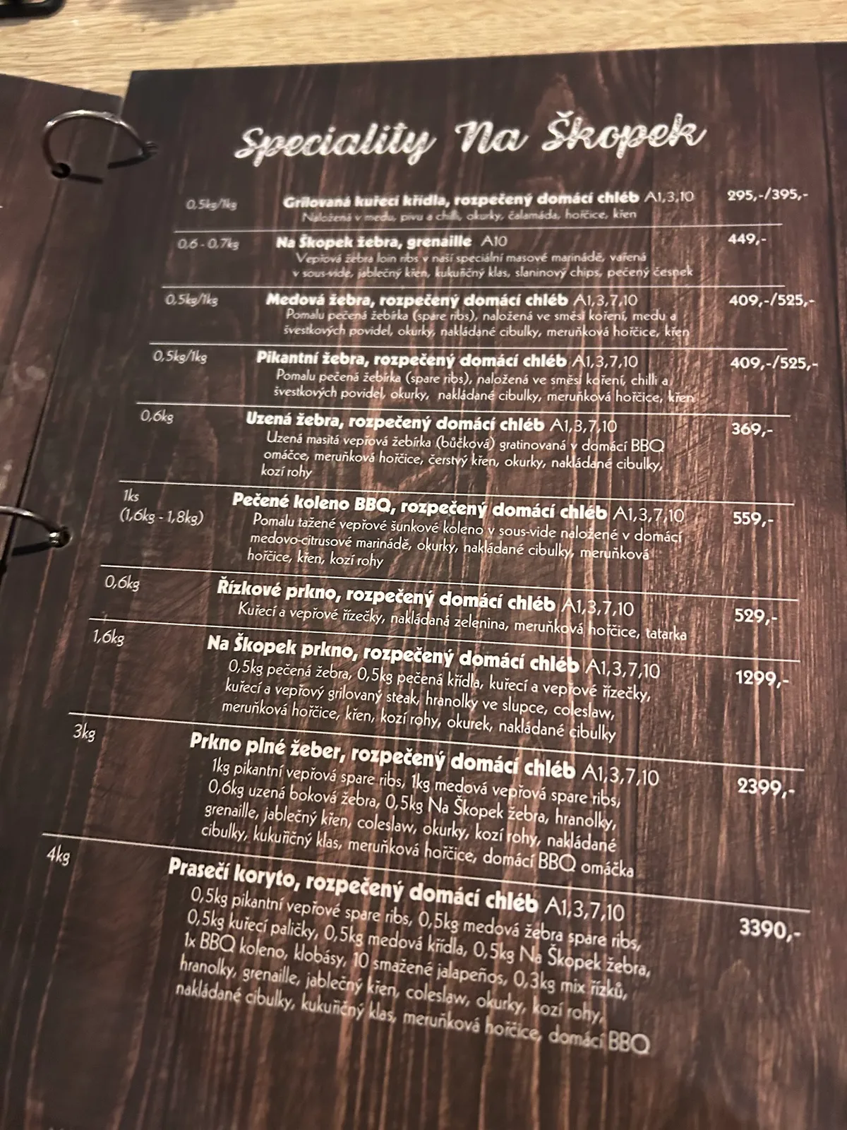 Stránka jídelního lístku představující naše masové speciality.
