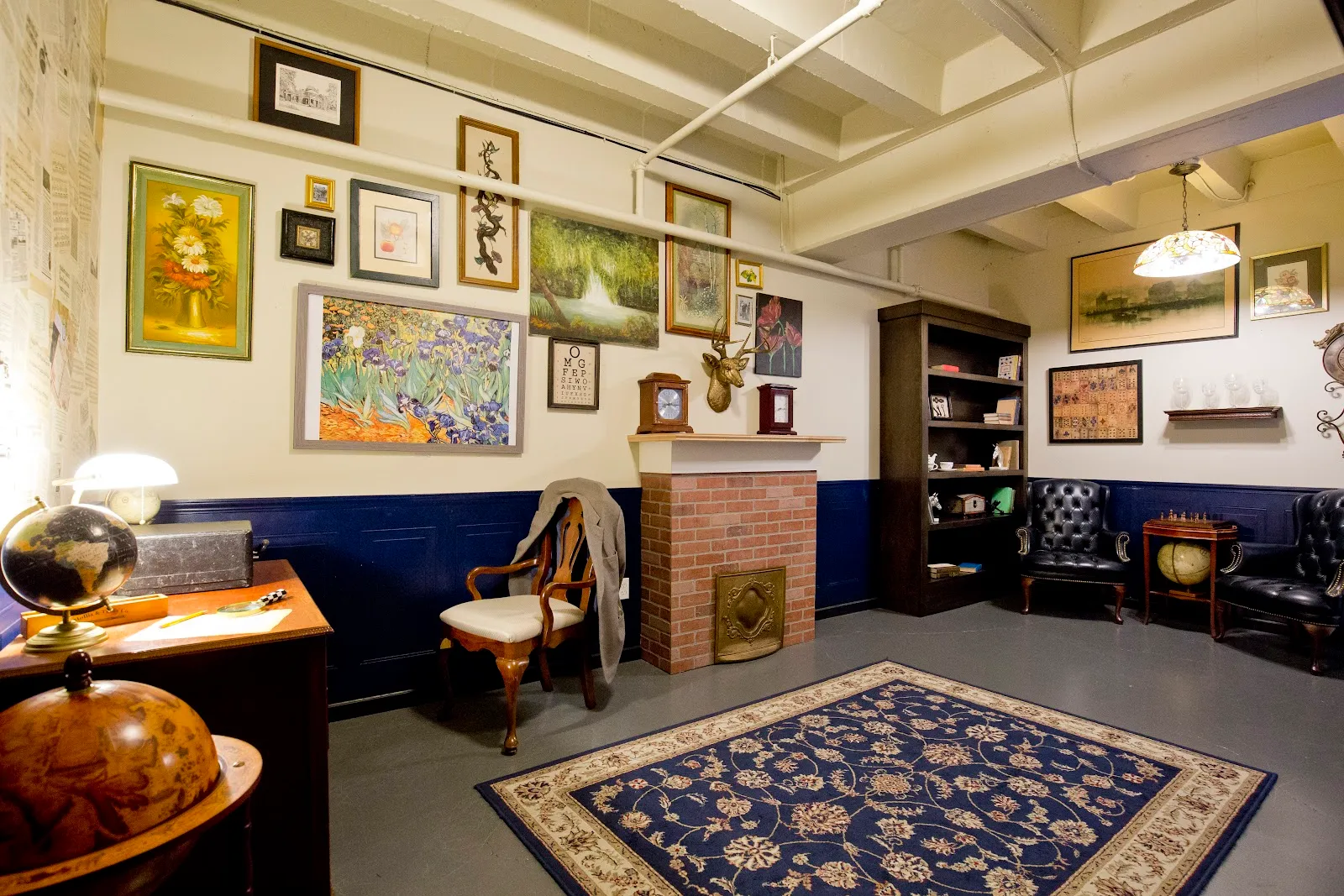 Victorian study escape room with fireplace