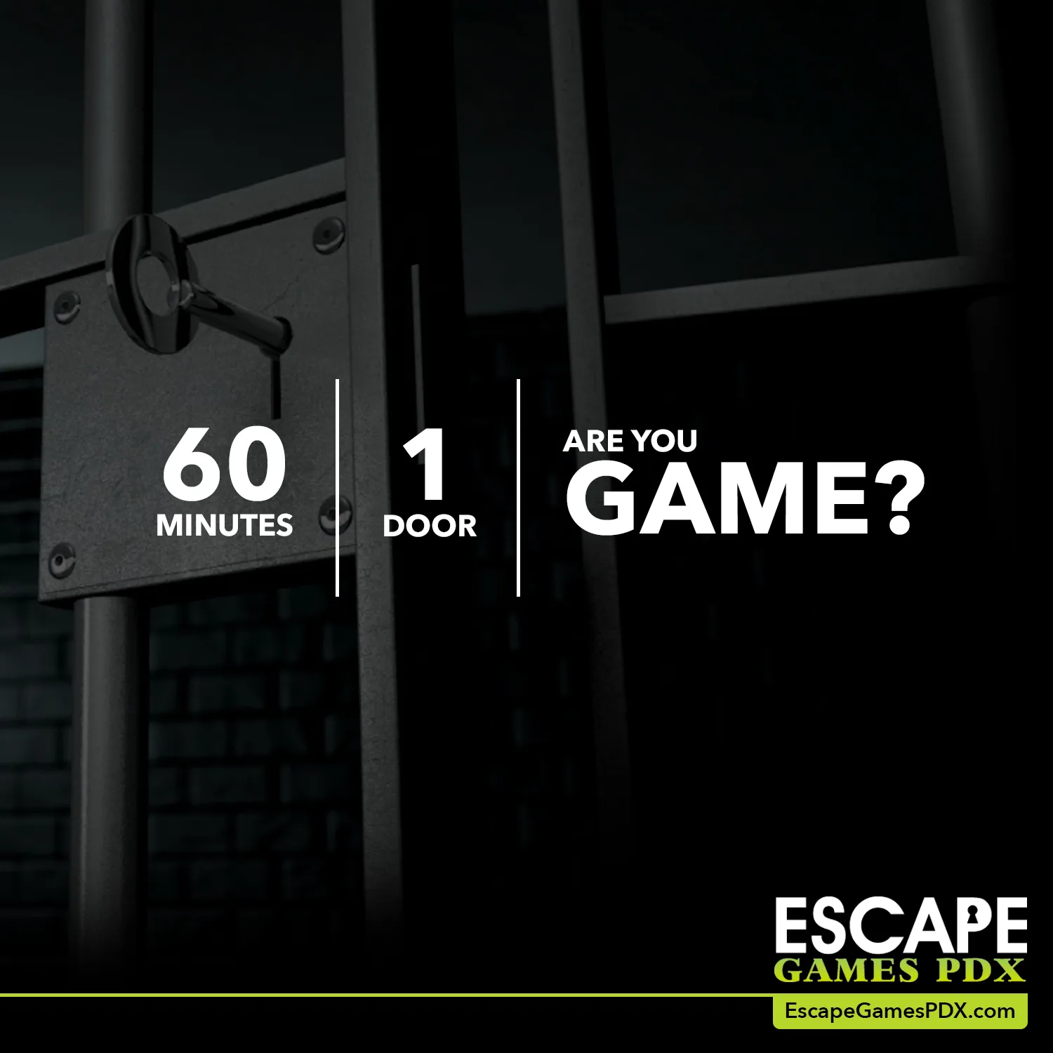 Dramatic prison bars, key, 60 minute escape challenge.