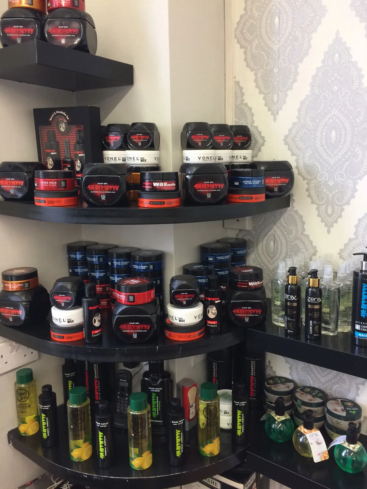 Extensive selection of premium hair care products displayed.